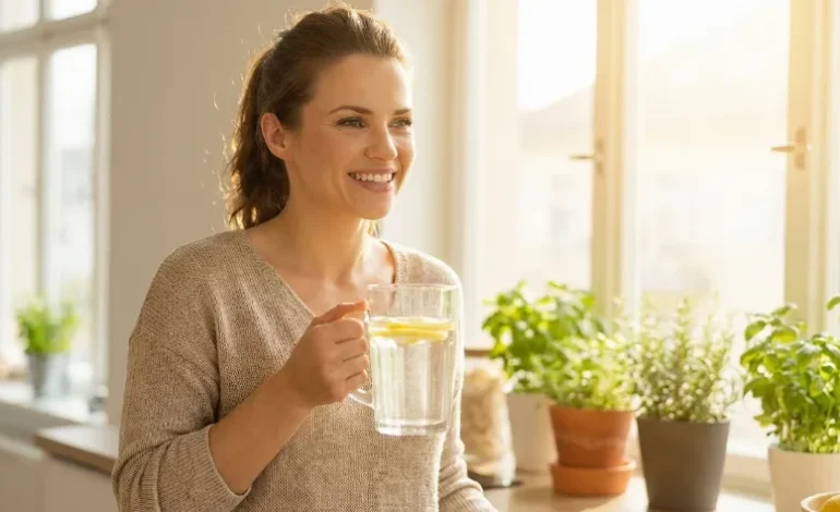 Ženska v svetli kuhinji pije vodo namesto kave za boljši začetek dneva