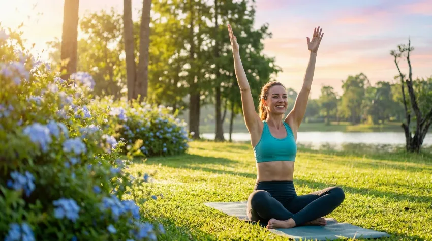 Ženska se razteguje na soncu v naravi za naravno prebujanje