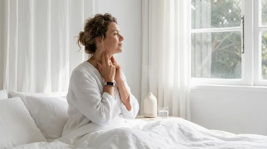 Ženska meri svoj jutranji srčni utrip na vratu v postelji