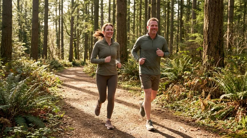 Par teče v naravi na sončno jutro