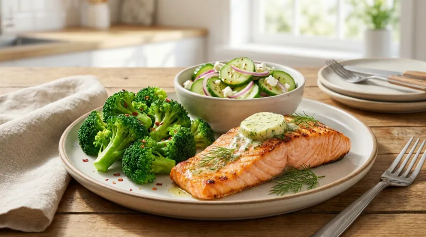 Krožnik s pečenim lososom, maslom in brokolijem.