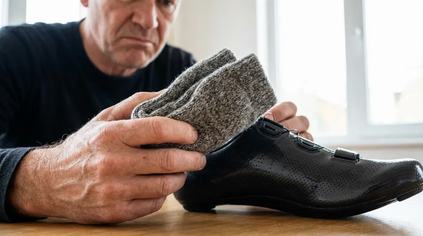 Debele volnene nogavice poleg kolesarskega čevlja