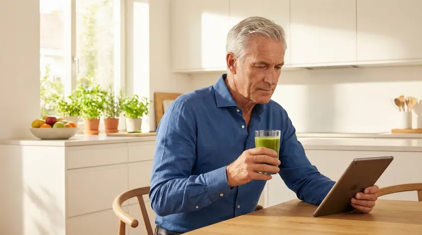 Vitalen starejši moški v kuhinji pije napitek