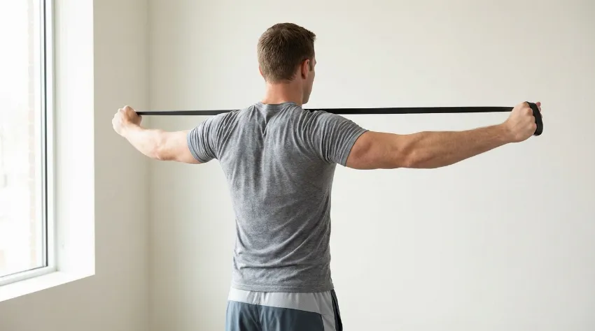 Moški izvaja vajo z elastiko za krepitev hrbta