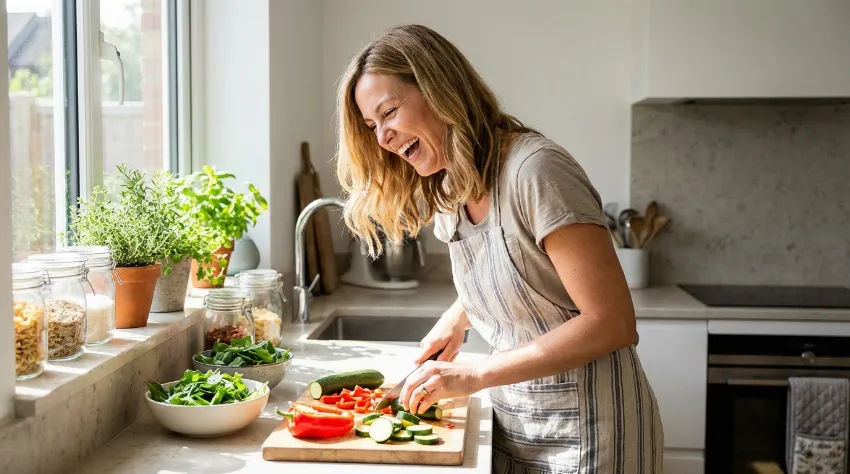 Ženska se smeji med kuhanjem in rezanjem zelenjave