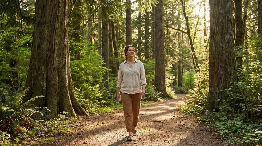 Ženska na sproščujočem sprehodu v gozdu