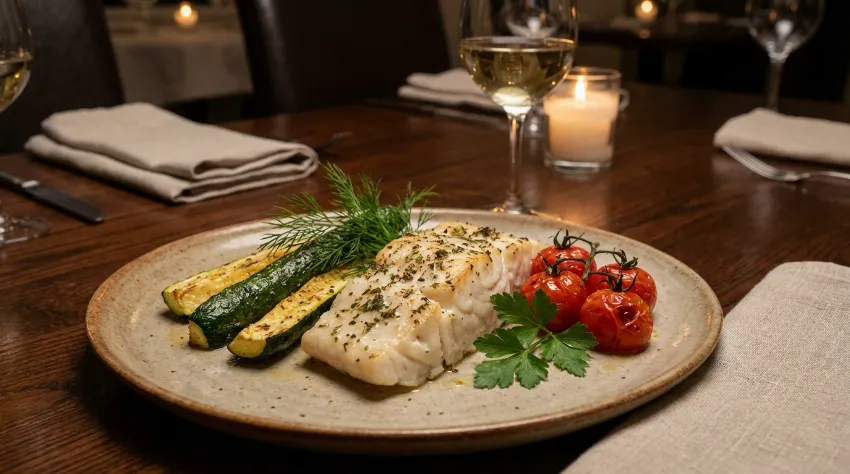 Pečen ribji file z zelenjavo na krožniku