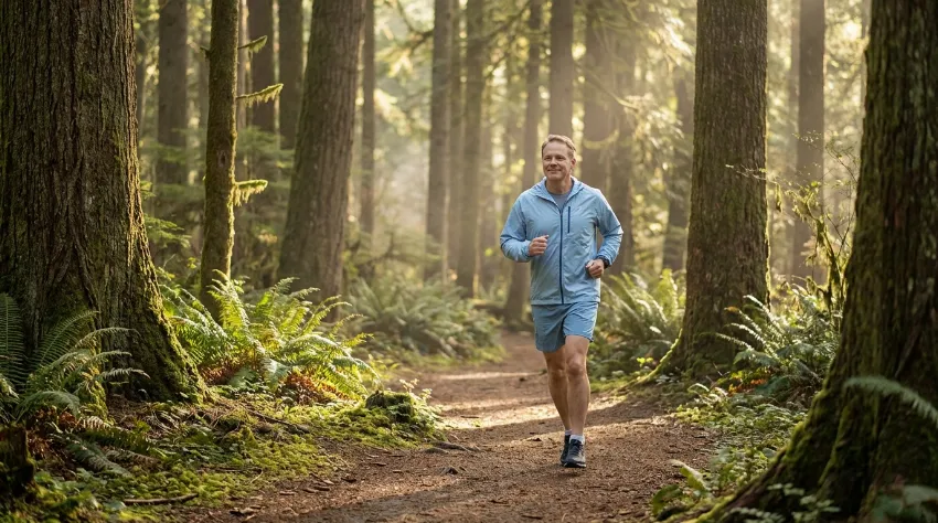Sproščen tekač lahkotno teče po gozdni poti v sončnem vremenu