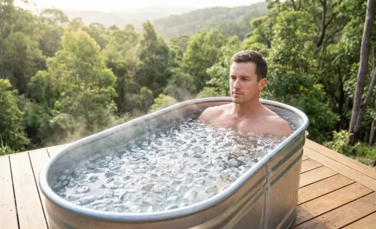 Moški se potaplja v sod z ledeno vodo na prostem