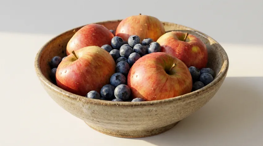 Sveža lokalna jabolka in borovnice v skledi