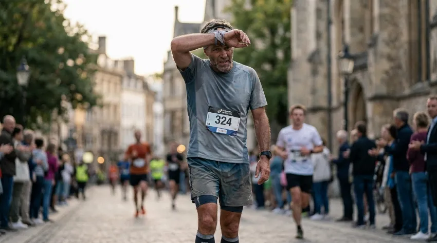 Utrujen maratonec si briše pot s čela