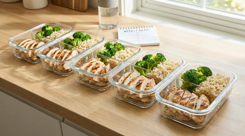 Pripravljeni zdravi obroki v steklenih posodicah za cel teden