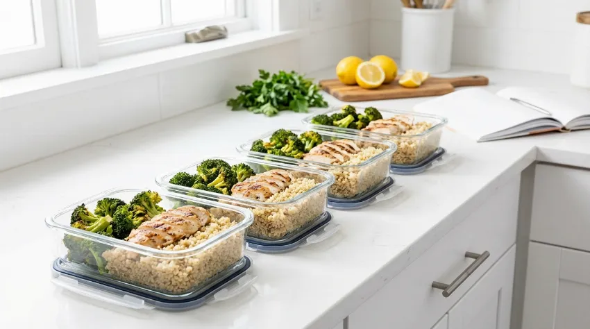 Steklene posode s pripravljenimi zdravimi obroki na pultu