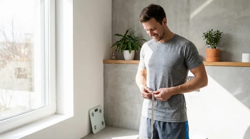 Moški si meri obseg pasu s šiviljskim metrom