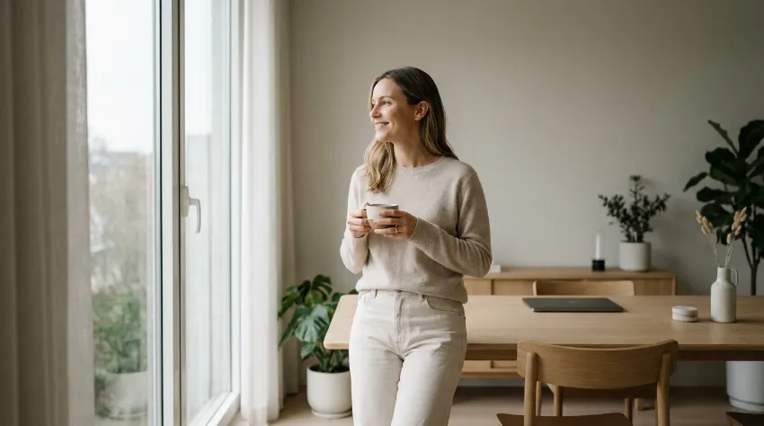 Sproščen mikro odmor med delovnim časom ob oknu