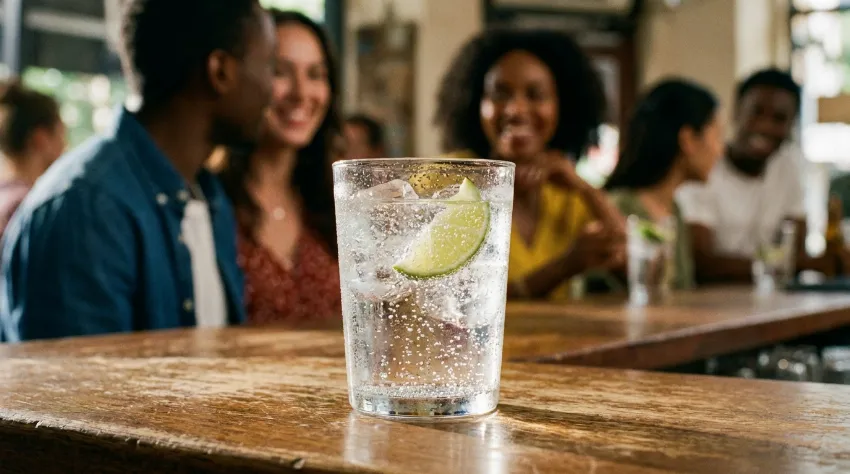 Kozarec mineralne vode z limono in ledom