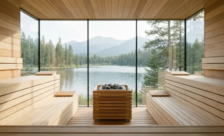 Notranjost moderne finske savne z velikim oknom