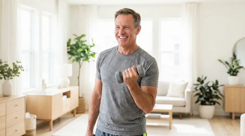 Starejši moški vadi z ročnimi utežmi v dnevni sobi za ohranjanje mišične mase