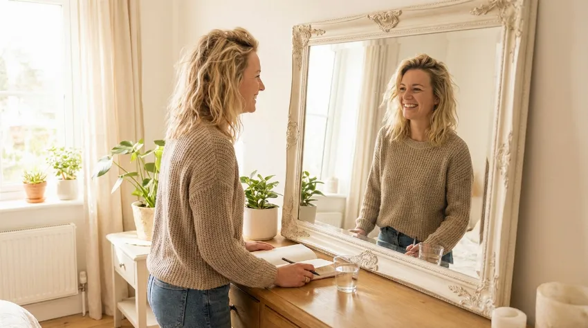 Zadovoljna ženska pred ogledalom opazuje svoj napredek