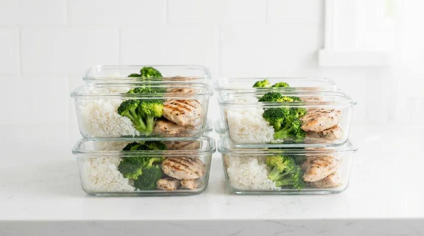 Steklene posode s pripravljenimi obroki na pultu