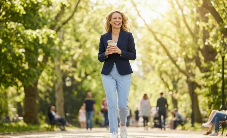 Srečna ženska med hitro hojo v parku