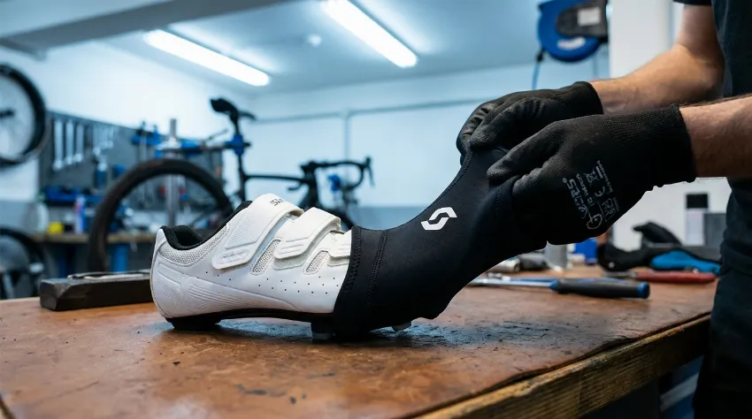 Obuvanje neoprenske galoše čez kolesarski čevelj