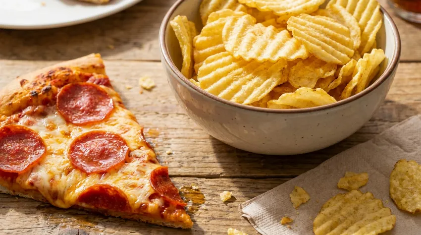Kos pice in čips na mizi