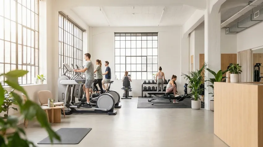 Svetla in urejena notranjost fitnes centra z naravno svetlobo