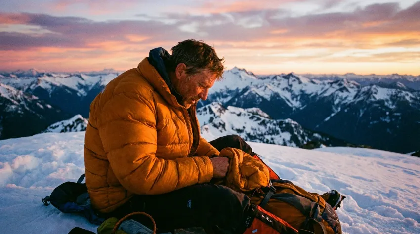 Pohodnik si na vrhu gore oblači toplo puhovko med počitkom.