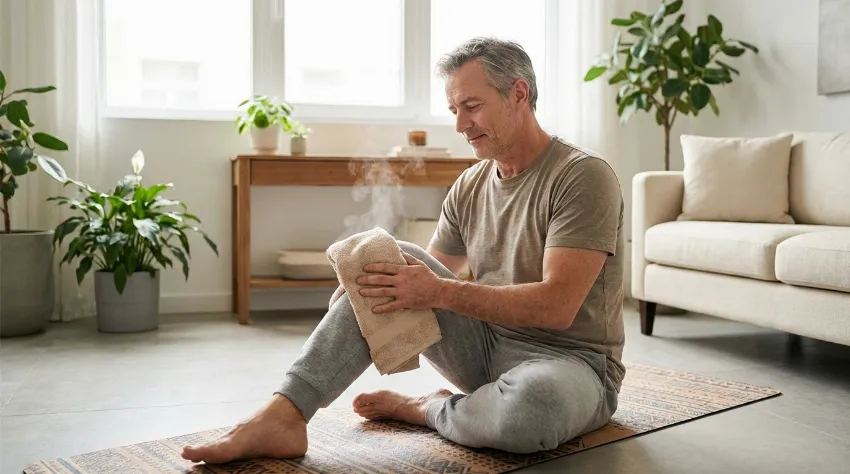 Ogrevanje kolena s toplo brisačo pred začetkom vaj