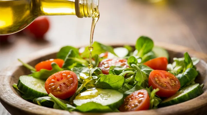 Prelivanje sveže solate z olivnim oljem