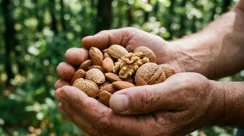 Pest mandljev in orehov v rokah