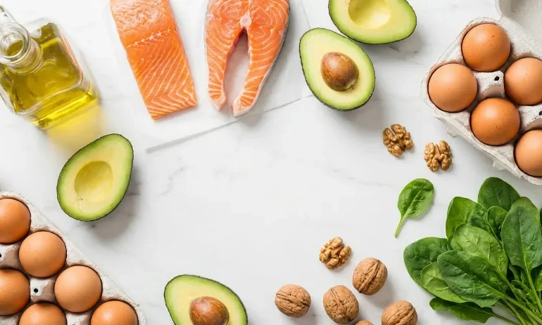 Raznolika sveža keto živila na kuhinjskem pultu, vključno z lososom, avokadom in jajci.
