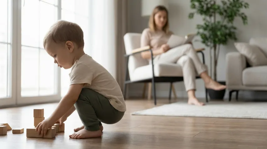 Majhen otrok v naravnem globokem počepu med igro na tleh
