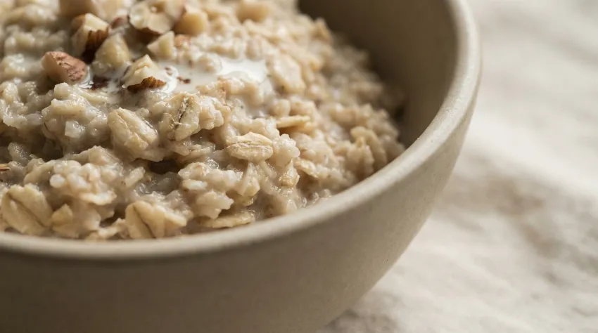 Skleda ovsene kaše z vidno teksturo zrn.