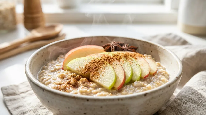 Skleda kremaste ovsene kaše z jabolki in cimetom