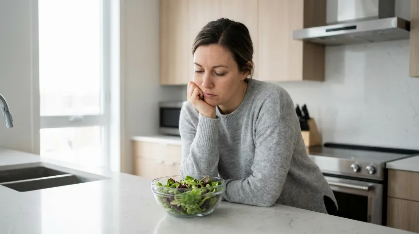 Ženska v kuhinji izgleda utrujena in brez motivacije za dieto