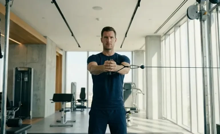 Moški izvaja vajo Pallof press na napravi s kabli v sodobnem fitnesu