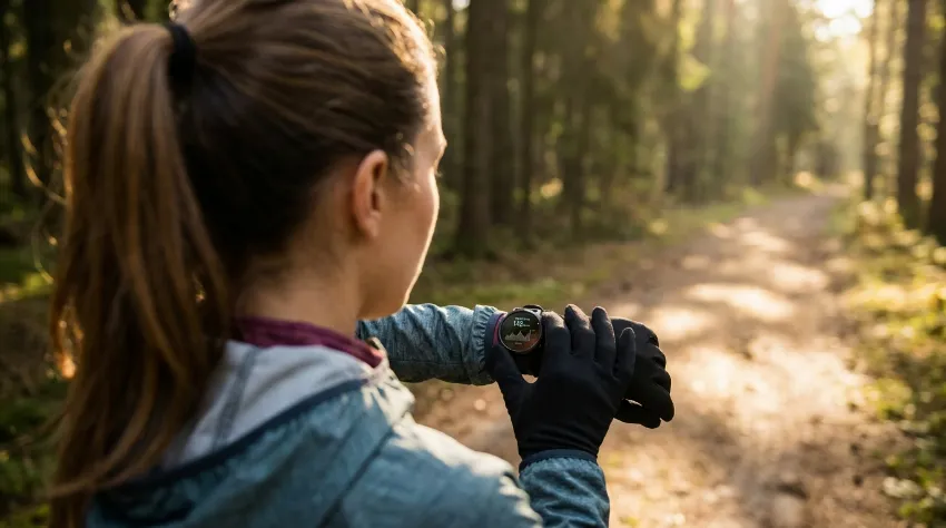 Tekačica preverja podatke o srčnem utripu na svoji pametni uri