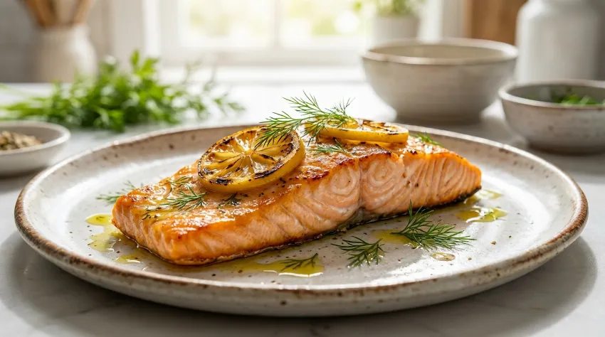 Pečen losos z limono in zelišči na krožniku