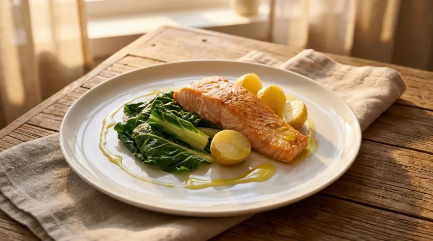 Krožnik z lososom in blitvo za večerjo
