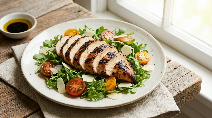 Pečen piščančji file na posteljici iz sveže zelenjave