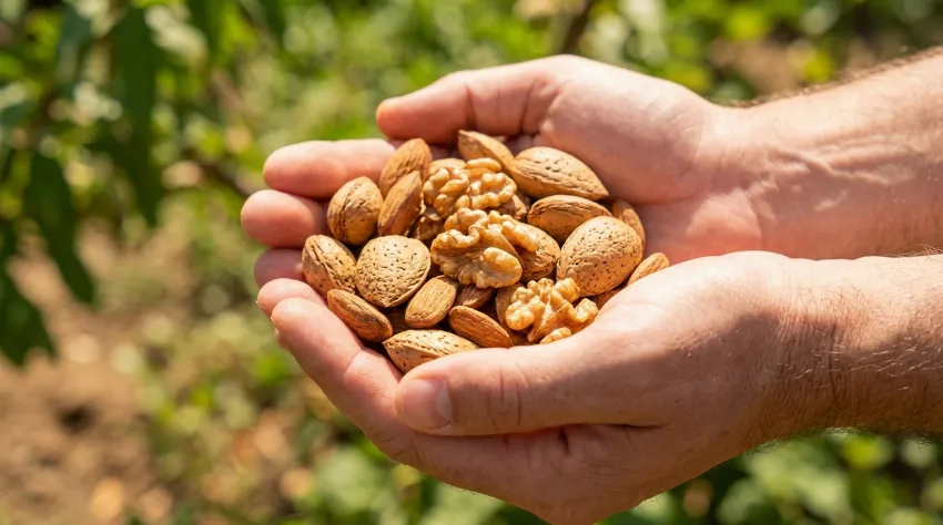 Pest surovih mandljev in orehov na dlani