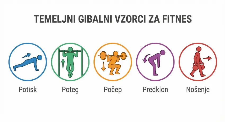 Infografika prikazuje pet stebrov treninga: potisk, poteg, počep, predklon in nošenje