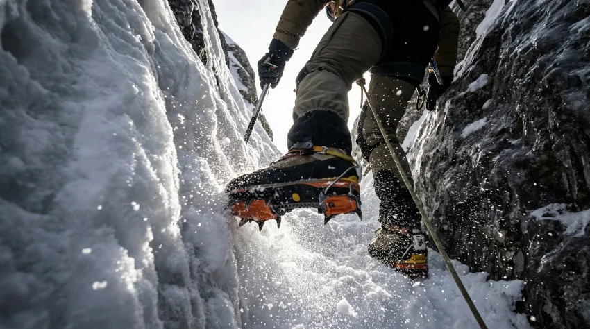 Alpinist z derezami pleza po strmem snežišču, pri čemer uporablja sprednje zobe za oprijem.