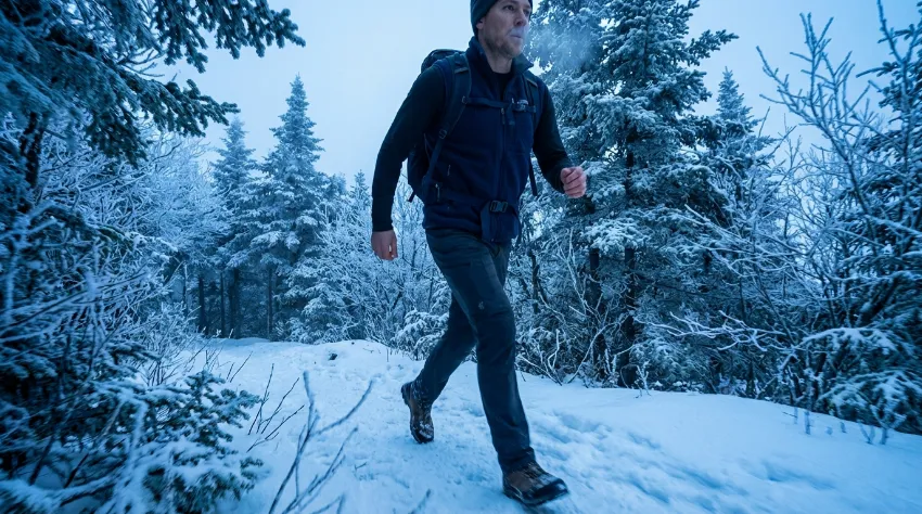 Pohodnik hodi skozi zasnežen gozd oblečen v lahka oblačila.