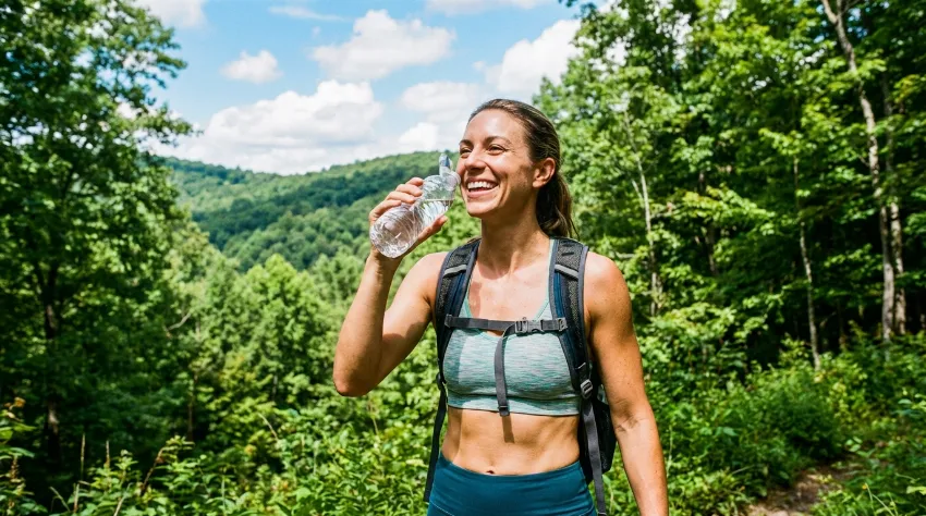 Ženska med pohodništvom v naravi polna energije