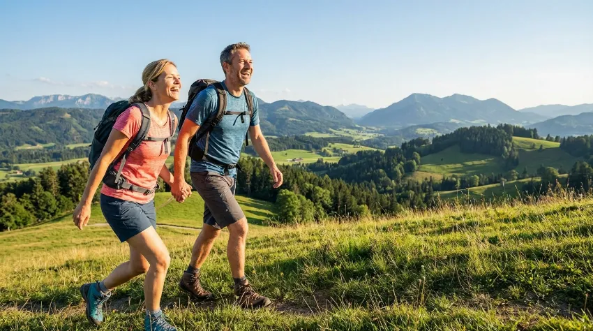 Par planinari v naravi na sončen dan
