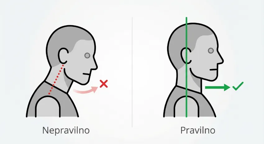 Prikaz pravilnega položaja glave in vaje chin tuck