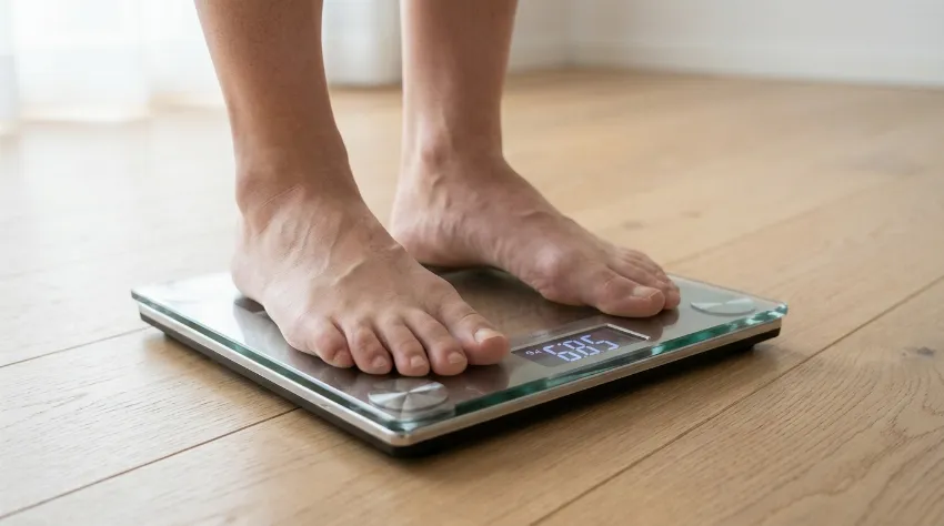 Noge na digitalni tehtnici, prikazujejo težo